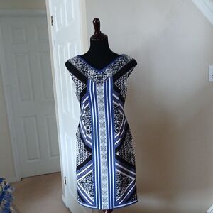 Maggy London Black, White & Blue Geometric Midi Dress